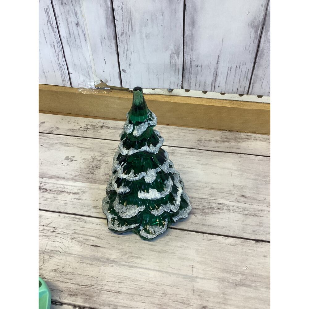 Vintage-Style Green Glass Light-Up Christmas Tree Figurine - Flocked Snow Decor - Picture 3 of 6